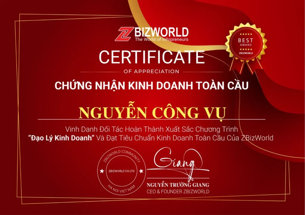 Chứng nhận Đạo Lý Kinh Doanh của Nguyễn Công Vụ